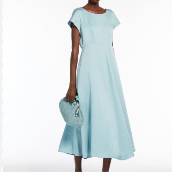 Maxmara Weekend NWT Ghiglia A-line Midi Dress Brushed Satin Linen Water Blue - Picture 16 of 16